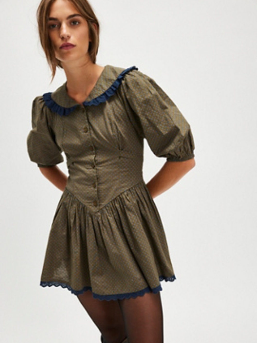 Free People Need To Know Mini Dress Size 4 Hunter Green & NavyRuffle Collar Boho